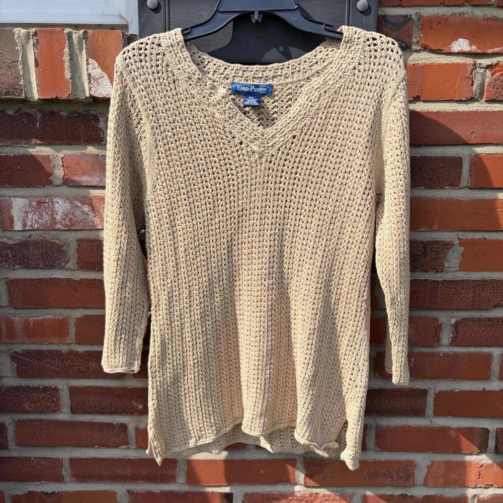 Evan-Picone Petite Tan Cotton‎ Open Knit V-Neck Sweater NWT 49520283 Rattan PL